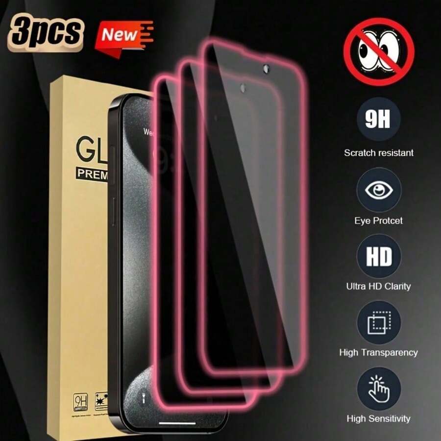 Set Of 3 (Pink Glow-In-The-Dark Anti-Peep) Privacy Tempered Glass Screen Protectors That Shine At Night. Smooth Surface With Good Gloss | Reinforced Glass Protection, Compatible With Compatible With Iphone 18Pro 18Promax 18 Duo 17 16 15 14 12 13 11 - 3pieces/PINK Privacy - View 1