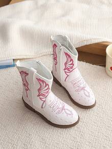 Girls' Pink Embroidered Western Cowboy Boots, Side Zipper Low Heel Retro Boots, Ankle Boots For Little Girls - Beige - View 5