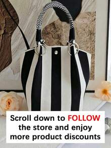 Classic Black And White Striped Bucket Bag, Fashionable Contrast Minimalist Versatile Shoulder Handbag, Suitable For Daily Commute, Shopping And Other Occasions - Black - View 3