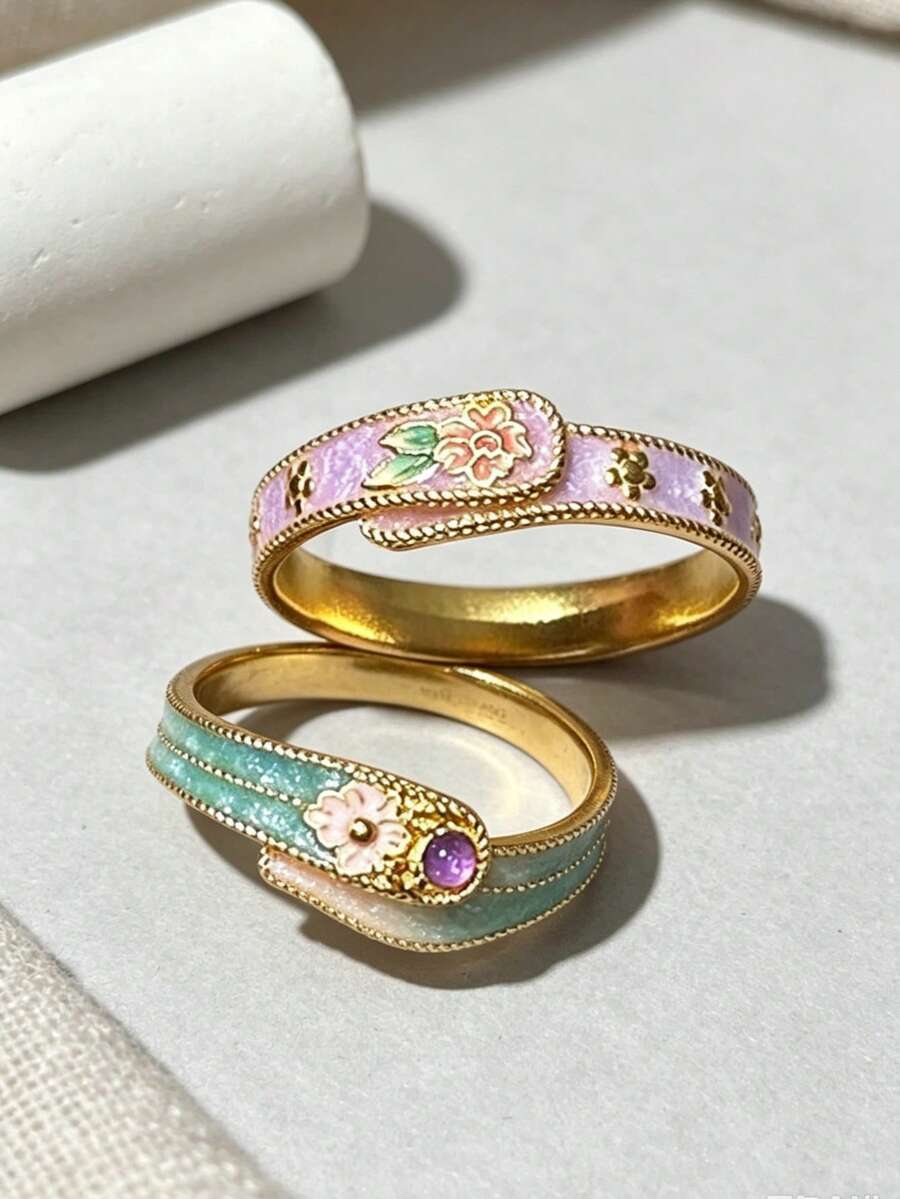 1pc Vintage Chinese Enamel Drip Glaze Floral Peach Print Exquisite Ring