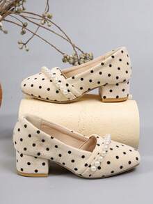A Pair Of Cute Vintage Low-Heeled Shoes For Girls With Pearl Straps, Polka-Dot Square-Toe High Heels, Suitable For Parties And Daily Outfits - Apricot - View 3