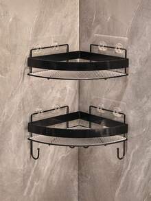 Bathroom Corner Shelf, Double-Layer Wall Corner Storage Rack With Hooks, Bathroom Supplies Storage Rack, Hole-Free Bathroom Toilet Shower Corner Rack, Bathroom Shelf, No-Drill Adhesive Wall Rack - Multicolor - View 5