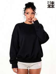 mulinsen Women's Loose Round Neck Sweatshirt, Solid Color Thick Warm Pullover, Long Sleeve Casual Winter Street Style Top - Black - View 7