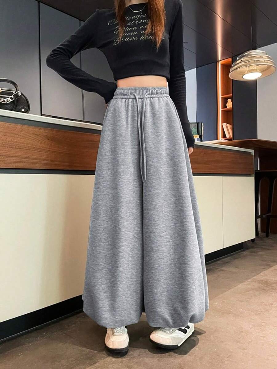 Women's Sports Drawstring High Waist Loose Casual Lantern Pants - Grey - View 1