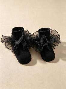 1 Pair Girls Solid Color Ruffle Trim Cute Daily Ankle Socks, Suitable For Back To School Season And School Uniform Matching - Black - View 5