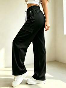 's Workwear Straight Leg Outdoor Casual Pants, Multi-Pocket Drawstring Waist Wide Leg Long Pants - Black - View 2