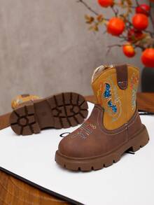 Western Style Embroidered Children's Boots, Mid-Calf Western Boots, Vintage Mid-Calf Boots, Fashionable Comfortable Flat Boots, Suitable For Daily Wear In Autumn And Winter - Brown - View 3