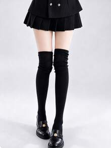 1 Pair Women's Autumn/Winter Solid Color Slouch Over-The-Knee Socks, Vertical Striped High Tube Socks, Suitable For Daily Wear And Matching With Boots - Multicolor - View 7