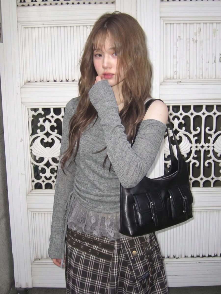YCYC Set 2 Potong Gaya Korea untuk Wanita: Atasan Tanpa Lengan dengan Hiasan Renda dan Tali Serut - Grey - View 1