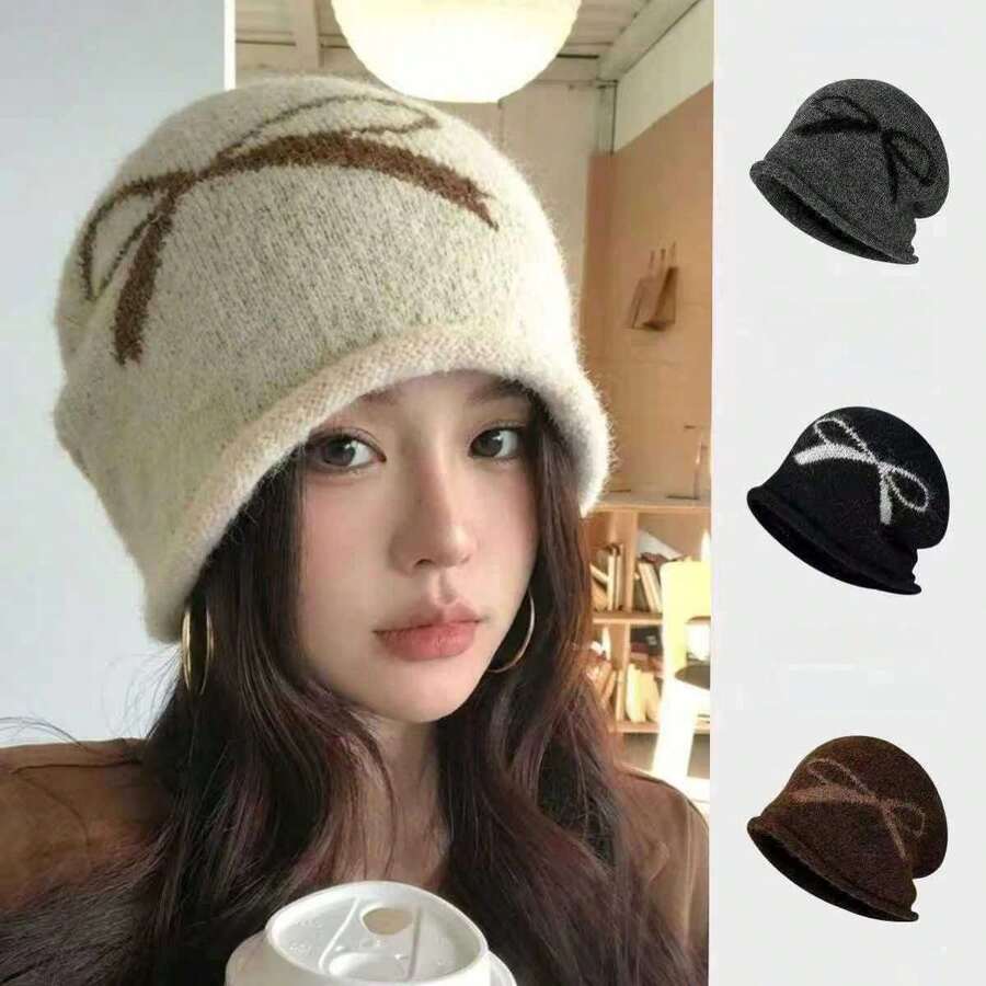 1pc Elegant Cute Bow Acrylic Fine Fleece New Style Knitted Beanie Hat For Women, Large Head Circumference, Warm Ear Protection Slouchy Hat, Spring Autumn Winter - One Size Fits All - View 1