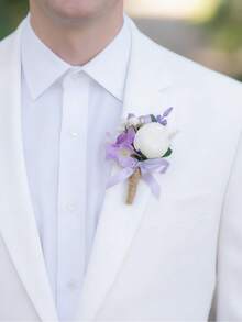 1pc Handmade Wedding Boutonniere For Men, White Rose & Purple Hydrangea Artificial Groom Lapel Pin, Buttonhole For Wedding Prom Anniversary - Multicolor - View 2