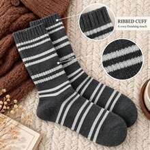 1 Pair Striped Winter Mid-Calf Socks, Thick & Comfortable Knitted Socks With Ribbed Cuff, Neutral Color, Suitable For Daily Wear - Multicolor - View 6