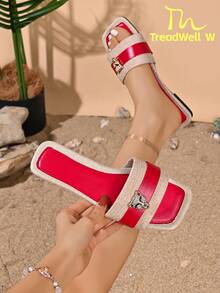 Women's Summer Beige & Red Colorblock Linen Square Toe Flat Slide Sandals With Rhinestone Leopard Head Decor, Minimalist Casual Outdoor Sandals - Red - View 10