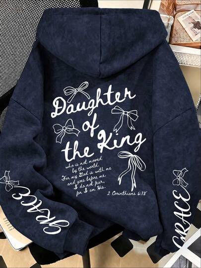 Bowknot Letter Print Washed Vintage Sweatshirt, Plus Size Women's Casual Autumn/Winter Long Sleeve Pocket Sweatshirt, Suitable For Winter Holiday Outfits, Beach Outfits, Vacation Outfits, Halloween Outfits, Thanksgiving Outfits, Christmas Outfits, New Year Outfits. Suitable For Daily Wear, Going Out Tops, Outings, Holidays, Beach, Parties, Beach, School, Graduation, Luxury, Vacation, Commuting, Fitness, Weddings, Fashion, Autumn/Winter Tops, Women's Holiday Clothing