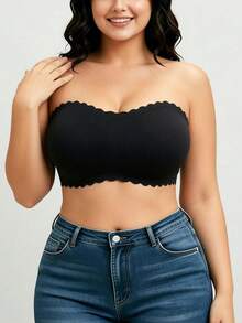 Plus Size Strapless Bandeau Bra With Wavy Edge, Seamless Anti-Slip Push-Up Bustier - Black - View 3