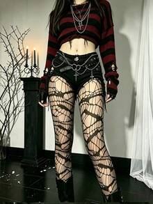 1/2pcs Women's Gothic Fishnet Tights Set,Spiderweb & Spider Motif Sheer Pantyhose,Stretchy Mesh Stockings For Halloween Party Outfits & Daily Wear Set - Black - View 7
