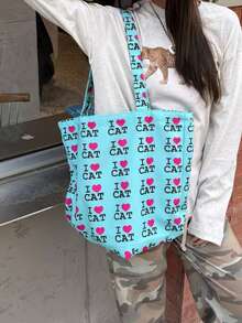 Korean Niche Design Ins Style Cartoon Cute Letter Heart Canvas Tote Bag, Large Capacity Commuter Shoulder Bag, Minimalist Shopping Bag, Versatile Tote Bag For Women - Turquoise - View 8