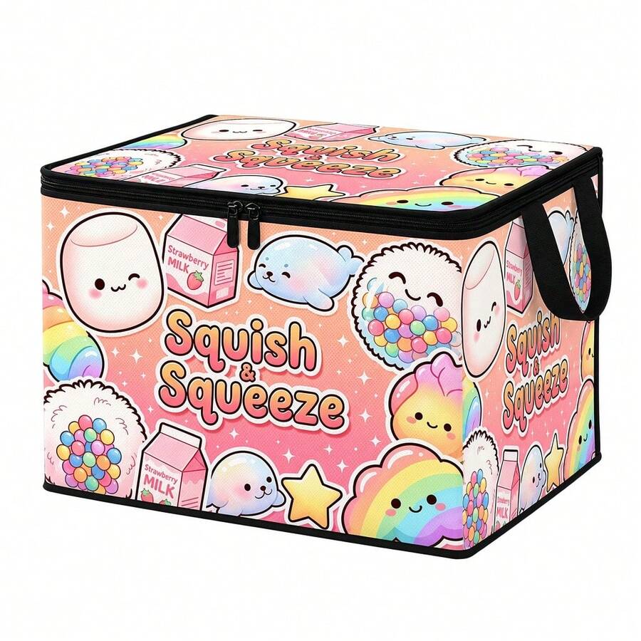 1 صندوق تخزين قابل للطي من قماش ناعم بسحاب بتصميم لطيف "Squish & Squeeze"، مناسب لتخزين الملابس والمناشف وأغطية السرير، مثالي للمنزل والخزانة والتخزين تحت السرير
