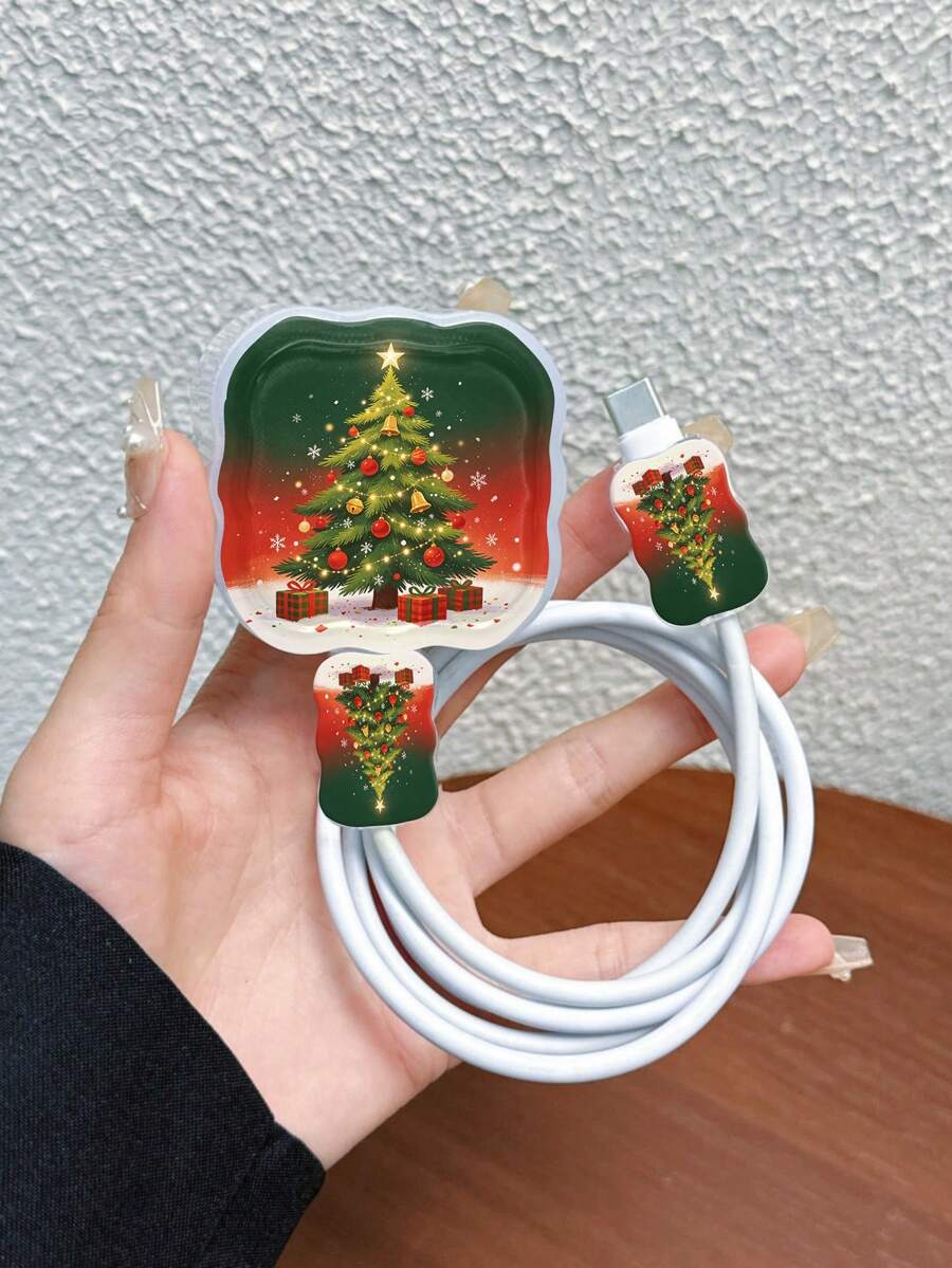 Christmas Tree Pattern 3pcs Set Data Cable Charger Wave-Shaped Protective Cover Compatible With UK Standard 20W Apple Charger, Transparent Anti-Shatter Cover, Protects Phone, 3-Prong Charger, Cable Protective Cover - Multicolor - View 1