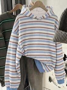 1pc Women's Multi-Color Blue & Brown Horizontal Striped Long Sleeve Loose Warm Comfortable College Style Retro Aesthetic Casual Silhouette Drawstring Hooded Sweatshirt - White - View 3