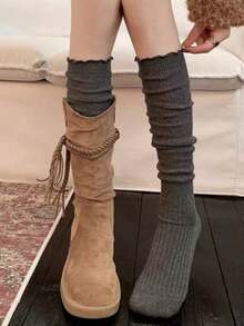 1 Pasang Kaos Kaki Selutut dengan Hiasan Rumbai, Kaos Kaki Wanita Musim Semi/Gugur JK, Kaos Kaki Selutut Putih dengan Hiasan Renda Rumbai, Cocok Dipadukan dengan Sepatu Bot, Sepatu Bot Setinggi Lutut, Penghangat Kaki - MultiWarna - View 5