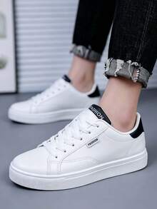 1 Pair Fashion Men's Sports Shoes, Casual White Sneakers, Campus Men's Shoes, Comfortable Non-Slip White Shoes With Front Lace Design, PU Material Suitable For All Seasons - Black and White - View 3