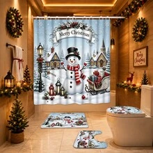 1/4pcs Christmas Snowman Shower Curtain Set, Christmas Tree Snowflake Pine Branch Winter Holiday Bathroom Curtain 180 X 180 Cm, Waterproof Mildew-Resistant Polyester Material, With 12 Hooks - A - View 16