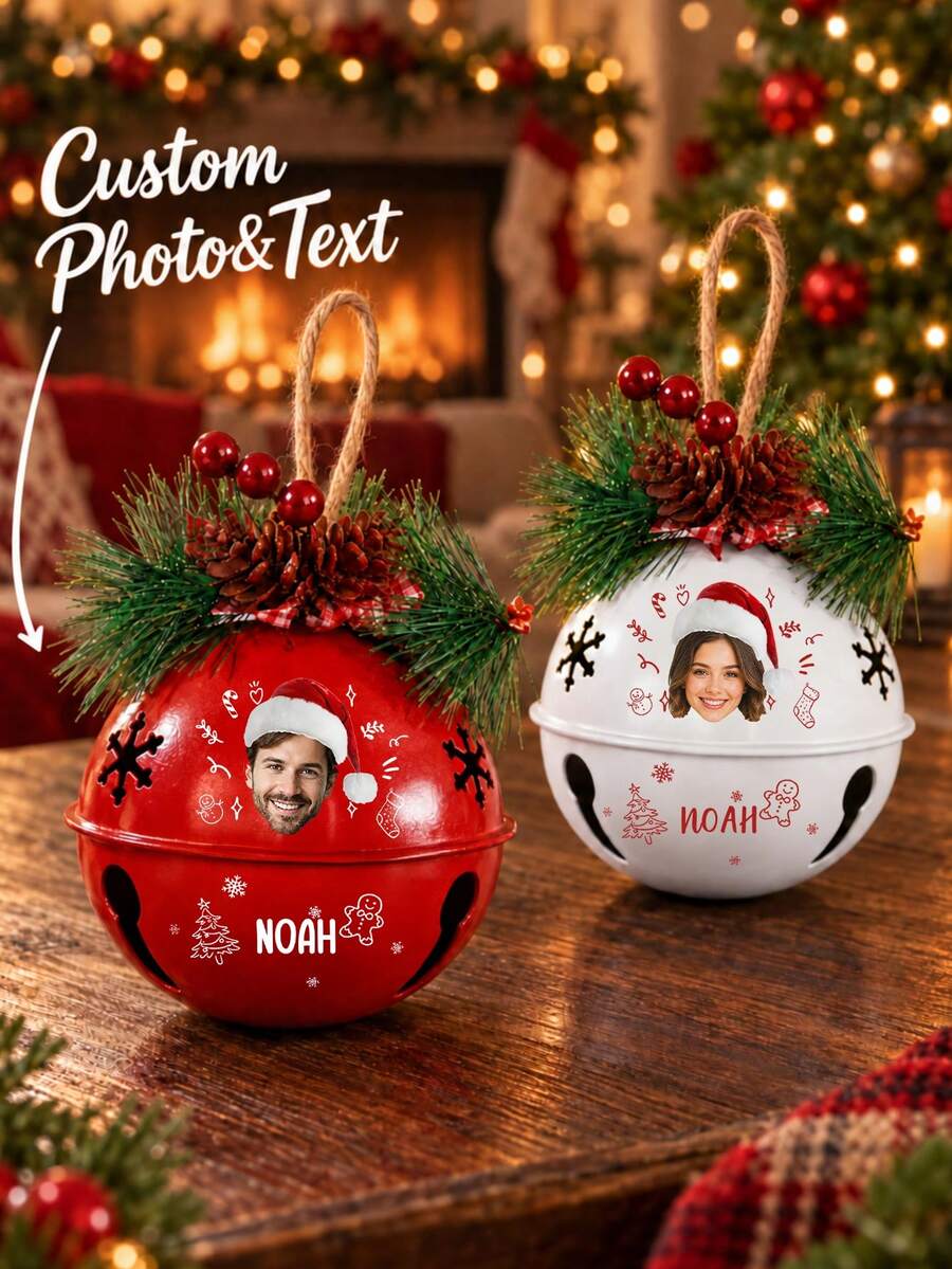 1pc Personalized Photo Christmas Bell Ornament,Custom 2026 Jingle Bell, Christmas Tree Decor,Holiday Bell Ornament, Window Entry Door Decor,Bell Ornament Custom, Christmas Gift - Red - View 1