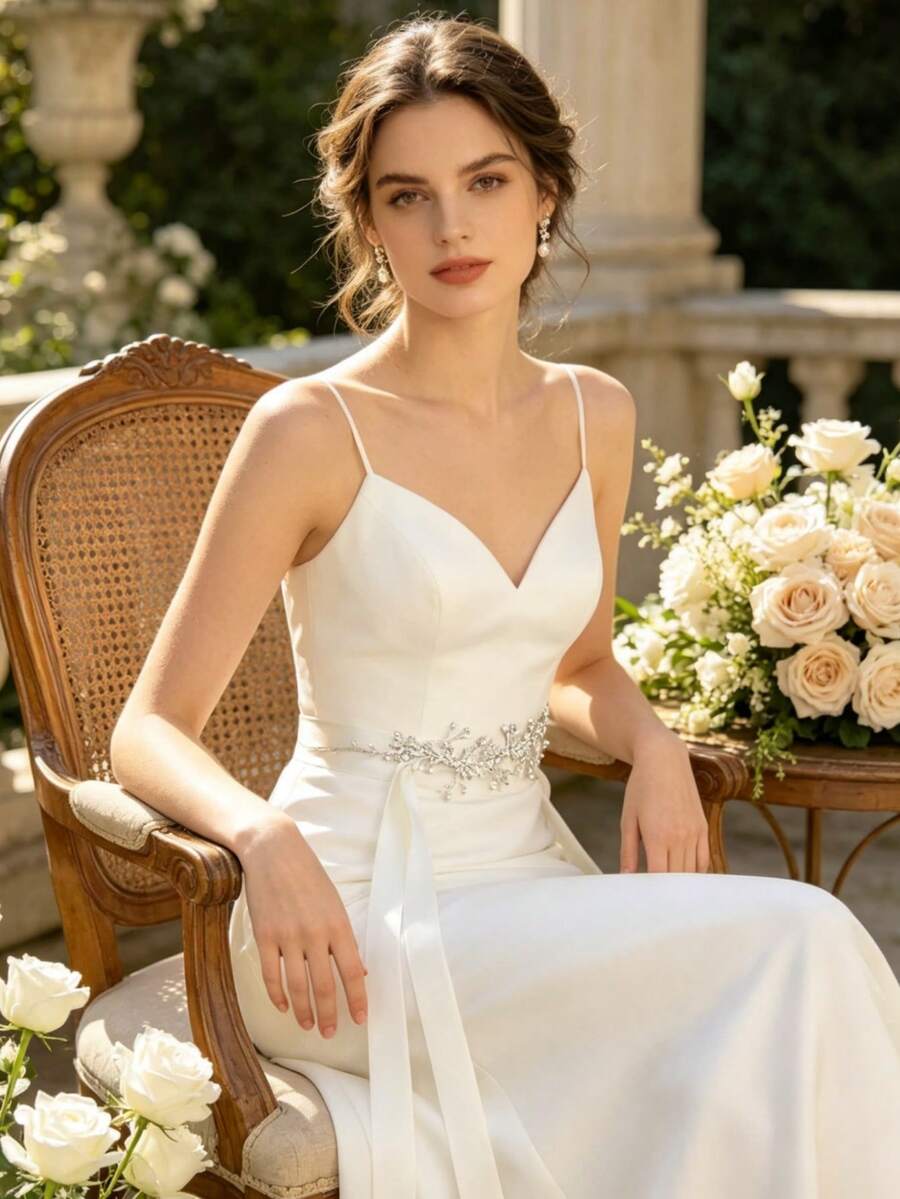 1pc 2-In-1 Rhinestone Pearl Leaf Bridal Sash & Headband, Adjustable Satin Ribbon Wedding Belt For Wedding Gown - Silver - View 1