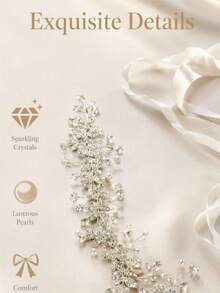 1pc 2-In-1 Rhinestone Pearl Leaf Bridal Sash & Headband, Adjustable Satin Ribbon Wedding Belt For Wedding Gown - Silver - View 7