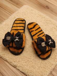 Chiffon Bow With Cartoon Bear Decoration, Sweet And Delicate Flat Plush Slippers, Suitable For Autumn/Winter Home Use - Orange - View 5
