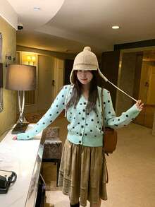 Polka Dot V-Neck Knit Cardigan Slimming Women's Autumn Short Sweater - Green - View 8