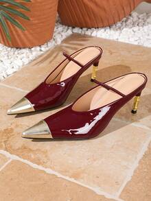 Sexy Fashion Patchwork Pointed Toe Stiletto High Heels With Metal Heel Cap For Women, Burgundy - Burgundy - View 6