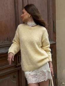 Solid Color Round Neck Loose Fit Long Sleeve College Style Women's Sweater, Autumn/Winter - Apricot - View 1