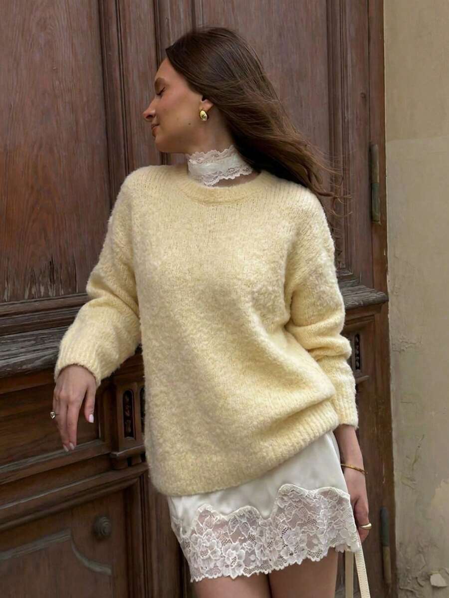 Solid Color Round Neck Loose Fit Long Sleeve College Style Women's Sweater, Autumn/Winter - Apricot - View 1