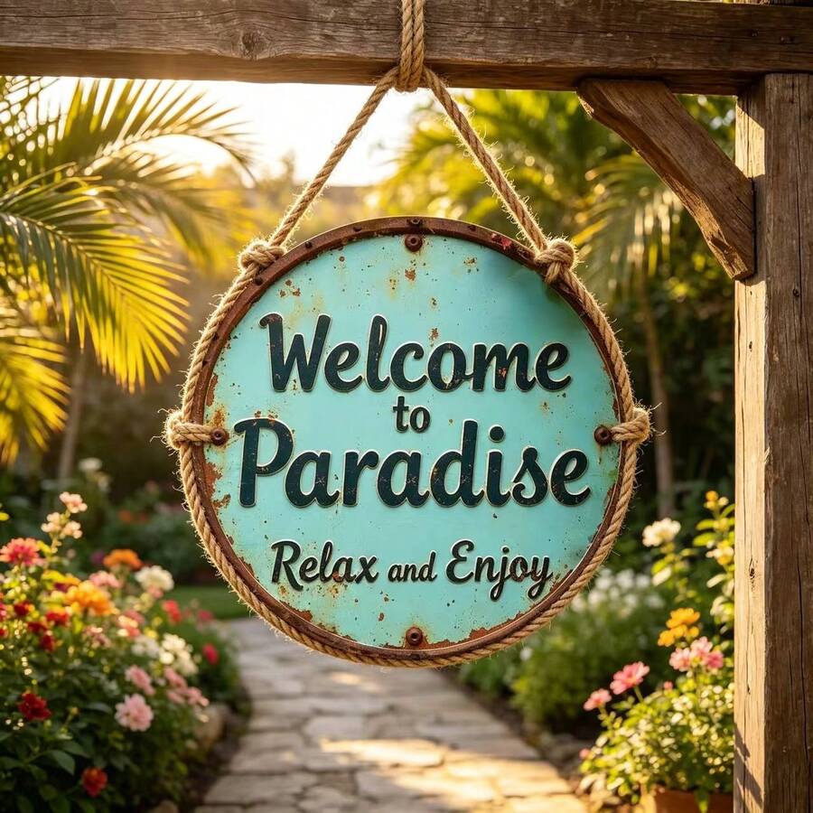 2D 1pc Welcome To Paradise Wooden Sign, Suitable For Yard Wall Decor, Fence, Garage, Indoor Wall Decoration, Great Gift/No Electricity Required - TM37 - View 1