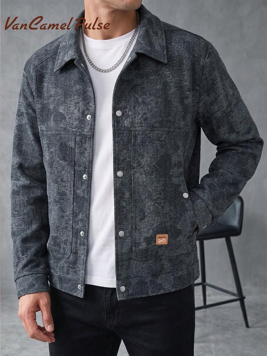 Vancamel Pulse Men's Knit Jacquard Utility Techwear Lapel Jacket, Versatile Loose Drop Shoulder Outdoor Sports Casual Top - Black - View 1