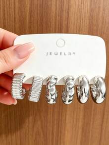 4/16PCS Fashionable Elegant Floral Geometric Multi-Element Silver Metallic Earring Set, Women's Fashion Earring Set (Lightweight CCB Material, Non-Fading) - Silver - View 7