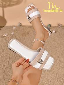 Women's Summer Beige & Linen Patchwork Square Toe Flat Slide Sandals With Rhinestone Leopard Head Decor, Minimalist Casual Outdoor Sandals - White - View 9