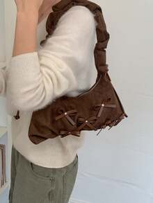 Soft Suede Underarm Shoulder Bag For Women, Vintage Maillard Style, Zipper Closure, Fits Phone And Cosmetics, Ruched Strap, Sweet Cool Aesthetic, Brown Niche Handbag For Daily Outings, Dating And Shopping - Coffee - View 4