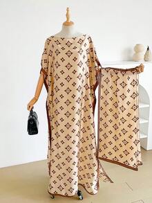 1 Set Faux Silk Minimalist Premium Geometric Floral Print Long Robe Set For Women, Beach Cover-Up Sun Protection Pullover Shawl With Satin Scarf, Perfect For Layering And Daily Wear - Multicolor - View 5