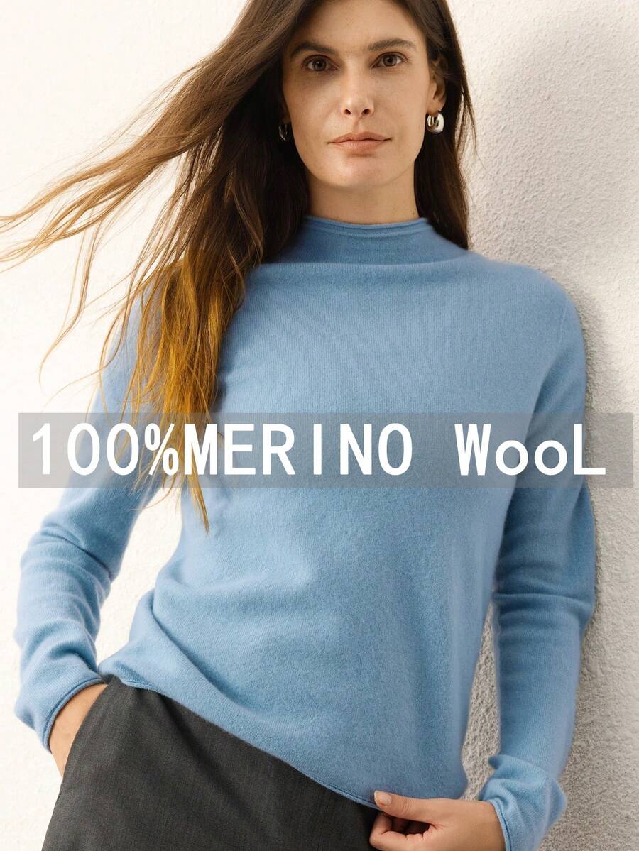 100%美麗諾羊毛女款毛衣 2026秋季新款女裝 捲領半高領女款套頭針織毛衣 秋冬針織款 - 湖水藍 - 查看 1