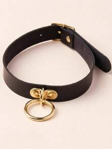 1pc Women's Gothic Punk Style PU Leather Ring Choker Suitable For Daily Commute - Black - View 5