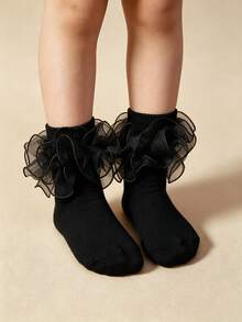 1 Pair Girls Solid Color Ruffle Trim Cute Daily Ankle Socks, Suitable For Back To School Season And School Uniform Matching - Black - View 9
