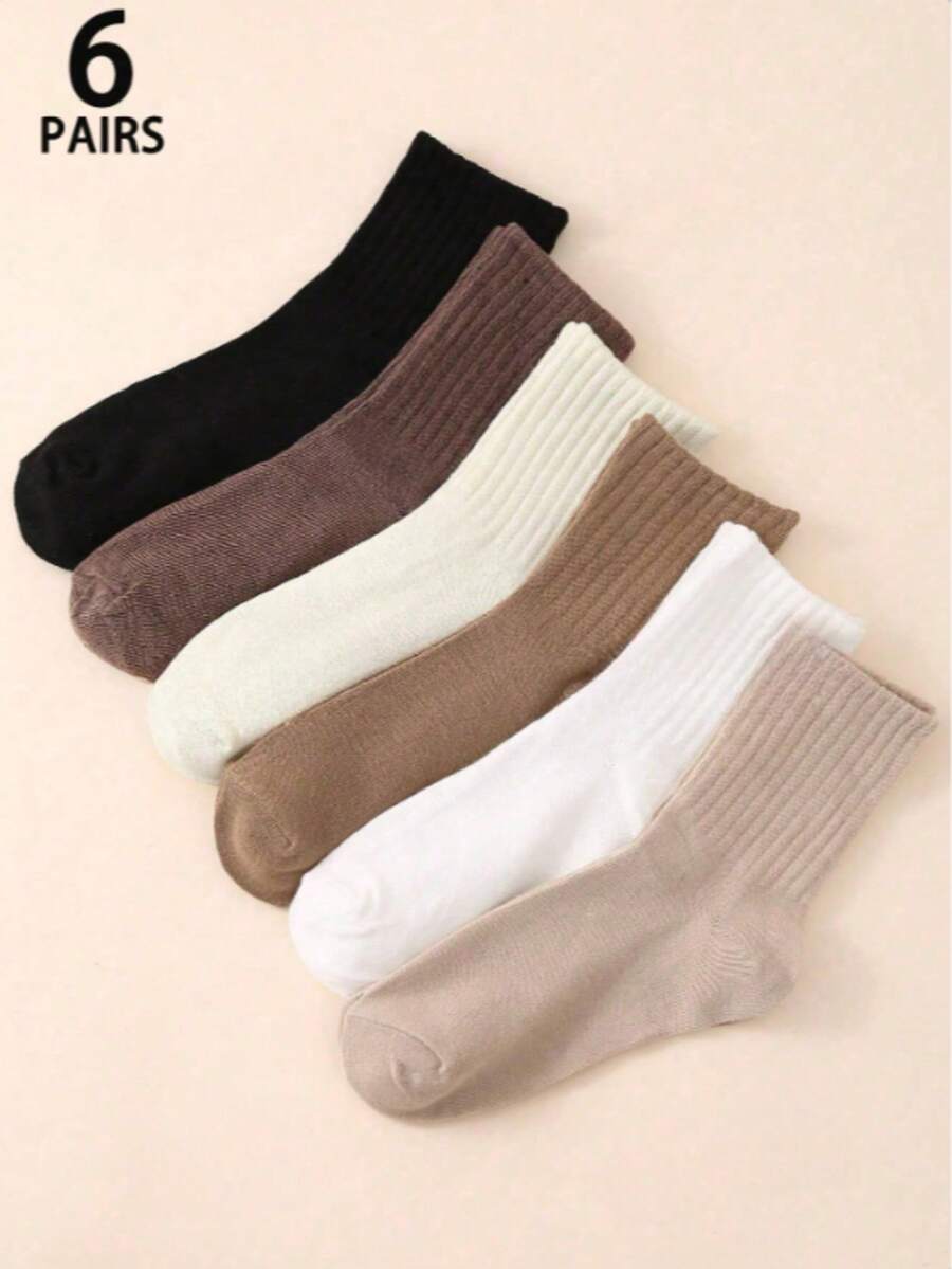 6 Pairs Brown Striped Mid-Calf Socks For Women, Autumn/Winter, Retro ...