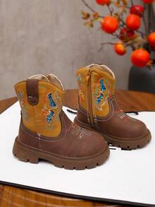Western Style Embroidered Children's Boots, Mid-Calf Western Boots, Vintage Mid-Calf Boots, Fashionable Comfortable Flat Boots, Suitable For Daily Wear In Autumn And Winter - Brown - View 6