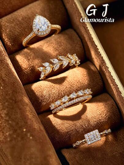 Set 4 Cincin Terbuka Asimetris Emas Elegan Bertabur Berlian Imitasi Gaya Prancis, Cincin Desain Minimalis Mewah Serbaguna untuk Wanita, Cocok untuk Pemakaian Sehari-hari, Liburan, dan Perjalanan.
