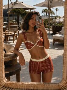 Women's Elegant Sweet Style Coffee Brown Polka Dot Swimsuit, Suitable For Spring/Summer Beach Vacation, Seaside Activities And Fashionable Holiday Outfits - Multicolor - View 1