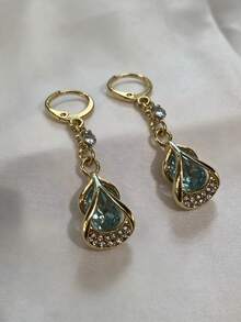 1 Pair Women's Blue Crystal Teardrop Pendant Earrings, Gold Hollow Frame Rhinestone Pendant Earrings, Elegant Party Evening Jewelry - Light Blue - View 5