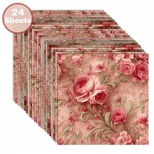24 Sheets 6*6 Inch Soft Pink Rose Embossed Scrapbooking Paper, French Vintage Rococo Style Decorative Paper For Collage, Origami And Handmade Projects, DIY Paper, Scrapbook, Bullet Journal, Greeting Cards, Gift Wrapping - Square - View 1